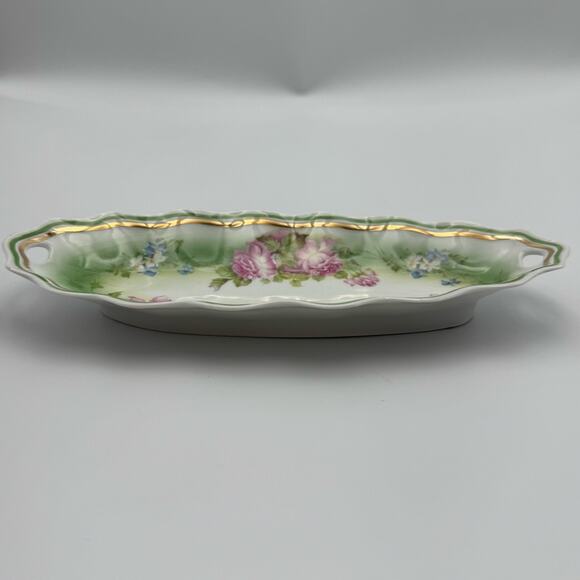 Welmar Germany Marked Antique 9" Oblong Plate Bowl Tray Roses Scallop Edge - Picture 9 of 10